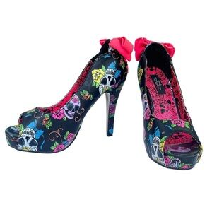 Iron Fist Pin Up Peep-Toe Heels US 6 Goth Witchy Rocker Pink Bow Mexican Skulls